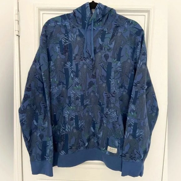 Eddie Bauer Rare Sasquatch Big Foot Pattern Blue Gray Fun Pullover Hoodie L tall - Picture 1 of 4